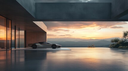 Poster - 3D rendering of contemporary architecture featuring a spacious concrete floor ideal for showcasing a vehicle