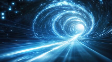 Poster - Abstract portal and frame featuring dynamic light lines representing movement and speed Blue hues luminous ellipse radiant galaxy and a glowing podium evoke a space tunnel effect with a light vorte
