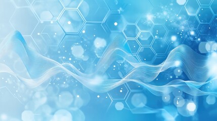 Poster - A light blue backdrop with hexagonal designs and wavy lines representing a theme of science and technology Perfect for applications in science technology and innovation