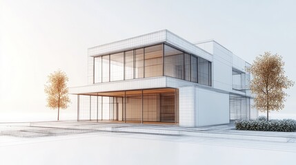 Poster - Abstract architectural design featuring a modern house plan 3D render of a wireframe low poly mesh construction
