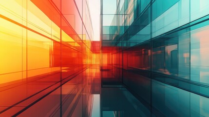 Poster - Abstract architectural interior featuring a gradient geometric glass sculpture accented with black lines 3D rendering and illustration