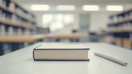 Poster - A detailed shot of a closed book and a pencil lying on a desk in a quiet and clean library environment, which captures the essence of study and concentration.
