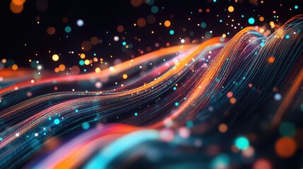 Poster - Abstract background of oscillating fibers with colorful lines and lights highlighting themes of technology design and education set against a black backdrop