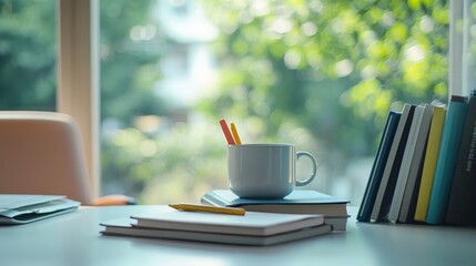 Aufkleber - A cozy study area by a window, with a white mug holding pens, a pile of books, and scattered papers, all bathed in gentle natural light from outside greenery.