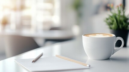 Aufkleber - A close-up of a white mug with beautiful latte art, placed on a sleek white desk beside a pencil and a blank piece of paper, with soft lighting and a peaceful atmosphere.