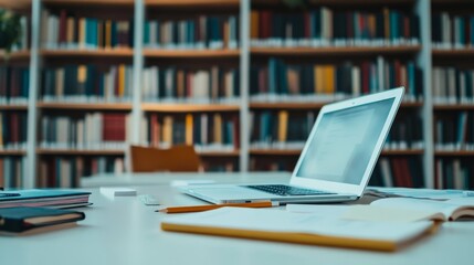 Poster - A modern laptop and a stack of books on a study table in a well-lit library, representing a space for focused learning and academic preparation.