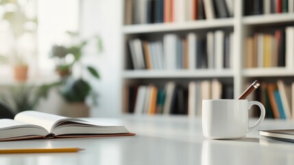 Aufkleber - A study area set up with an open book, coffee cup, and a notebook on a neat desk with a background of bookshelves, representing a calm and diligent environment.