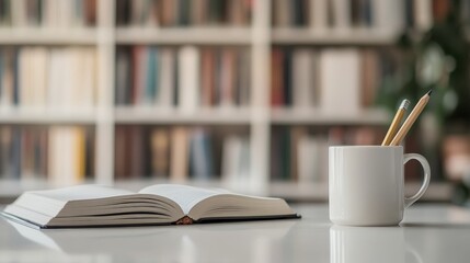 Poster - Open book and coffee cup on a clean desk in a well-lit library setting with organized bookshelves in the background, symbolizing learning and quiet focus.