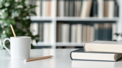 Aufkleber - Books and a mug with pencils on a clean desk in a bright library space with neatly arranged bookshelves in the background, symbolizing a well-organized study environment.