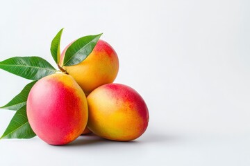 Wall Mural - Three ripe mangoes with green leaves on a white background.