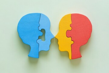 Poster - Wooden Puzzle Heads Facing Each Other Depicting Cognitive Differences Emotional Interaction and the Juxtaposition of Mental Processes in a Minimalist Style