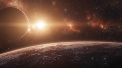 Poster - celestial bodies of a planet and galaxy set against a vast open space