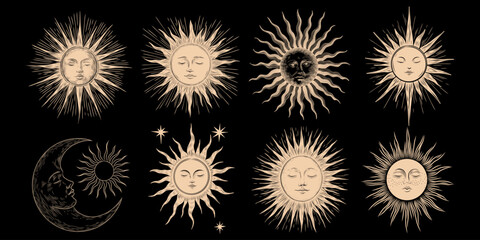Wall Mural - vector illustration set of moon phases. different stages of moonlight activity in vintage engraving 