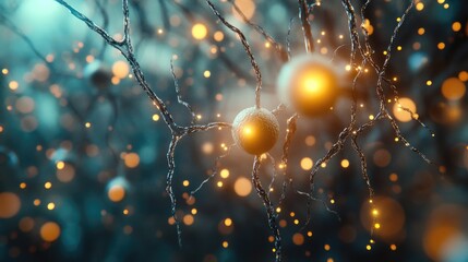 Poster - Abstract medical background featuring neuronal networks cells nerve endings and electrical impulses close up of small organic spheres in a 3D rendering