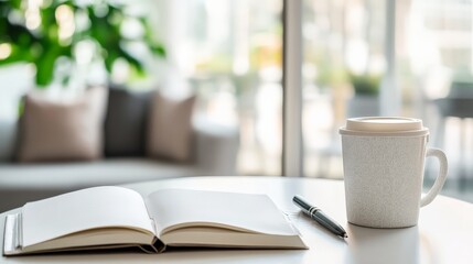 Poster - An open notebook with a pen and a coffee cup placed on a white table, set against a backdrop of a bright and airy room with a modern seating area, creating a cozy ambiance.
