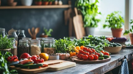 Poster - Fresh vegetables, herbs, and spices on a kitchen countertop.