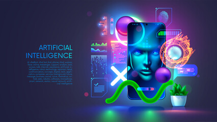Leinwandbilder - AI chatbot in image robot or cyborg holding in hand message bubbles. Online AI chat bot talk through messenger with user. Technical support bot, internet assistance with artificial intelligence or AI