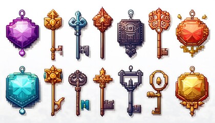 Wall Mural - Pixelated 8-Bit Collectibles - collection of 16-bit pixel art collectibles, icons such as coins, gems. Game design assets. Graphic art 8 bit illustration isolated