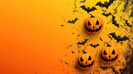 Pumpkins, bats and autumn leaves on an orange background. Festive background in honor of Halloween.