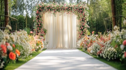 Wall Mural - Minimalist luxury theme symmetrical wedding backdrop out door Park with floral decoration on the side natural light. Generative AI.