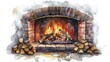 © admin_design - Watercolor Painting of a Cozy Brick Fireplace with Burning Fire