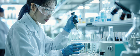 Poster - Chinese researchers develop drugs in the laboratory, a sense of future technology. Generative AI.