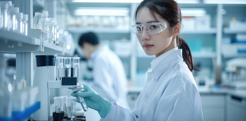 Poster - Chinese researchers develop drugs in the laboratory, a sense of future technology. Generative AI.