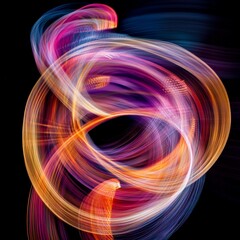 Leinwandbilder - An abstract artwork displaying colorful light swirls forming a vortex-like effect, with bold shades of purple, orange, and blue creating a captivating and immersive visual experience.