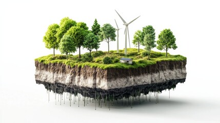 Floating Green Island with Wind Turbines and a Solar House.