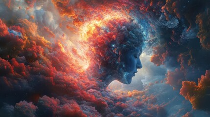 Wall Mural - kaleidoscopic mind expansion surreal digital illustration of human head exploding into swirling vortex of colorful thoughts memories and emotions represents creativity and consciousness