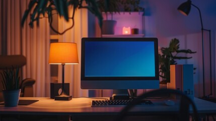 Wall Mural - A computer monitor sits on a desk in a dimly lit room