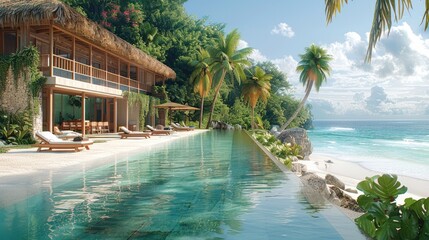 Aufkleber - Sustainable wellness retreat in a tropical paradise, with eco-friendly villas, pristine beaches, and wellness workshops. Generative AI.