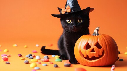 A black cat wearing a witch hat, sitting beside a carved pumpkin on an orange background with scattered candy and room for text