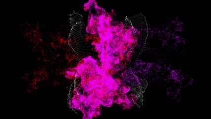 Poster - Abstract fluid collision red and purple animation on a black background. Red and purple particles blend with fluid motion. Collision of two multicolored streams of particles