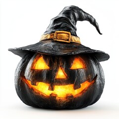 Jack-o'-Lantern with Witch Hat and Glowing Face, A black Jack-o'-Lantern with a glowing orange face, topped with a crumpled witch hat, perfect for Halloween decorations.
