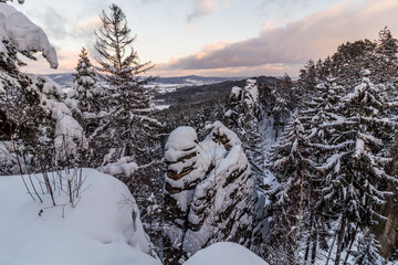 Sticker - Winter view of snow covered Prachovske skaly rocks in Cesky raj (Czech Paradise) region, Czech Republic