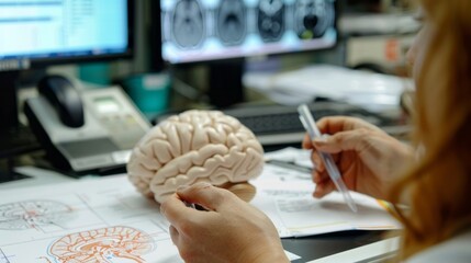 Aufkleber - A woman is writing on a piece of paper while holding a model of a brain