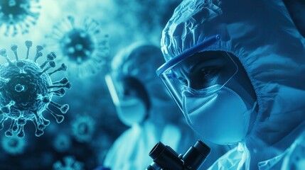 Poster - Medical professionals in protective gear analyze viruses under a microscope, focusing on disease control measures in a laboratory environment. Generative AI