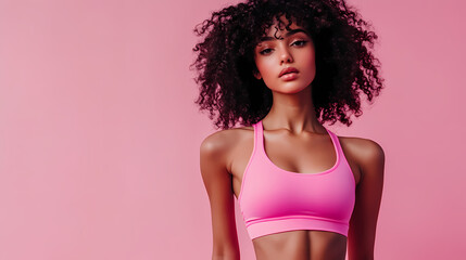 Wall Mural - Woman in pink activewear posing against pink background