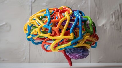 Poster - Vibrant 3D brain model with intertwining connections against a neutral backdrop, showcasing the fusion of creativity and technology.