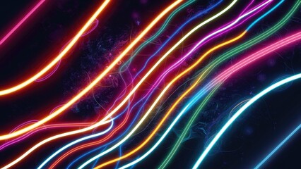 Wall Mural -  Vibrant Abstract Background with Colorful Wavy Neon Lines and Fractal Particles. Dynamic Design Featuring Illuminated Strokes.