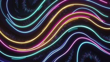 Poster -  Vibrant Abstract Background with Colorful Wavy Neon Lines and Fractal Particles. Dynamic Design Featuring Illuminated Strokes.