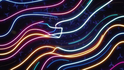 Poster -  Vibrant Abstract Background with Colorful Wavy Neon Lines and Fractal Particles. Dynamic Design Featuring Illuminated Strokes.