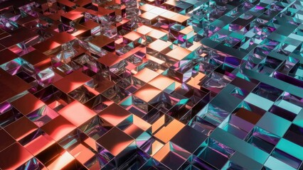 Leinwandbilder -  Vibrant Abstract Iridescent Metal Tiles in 3D Perspective, Futuristic Polished Block Wallpaper, 3D Render