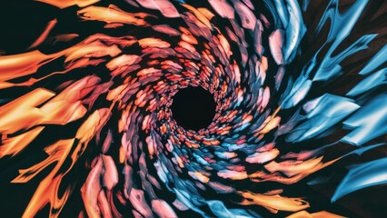 Poster - vibrant kaleidoscopic shapes on dark background: abstract concept of movement and energy in digital 
