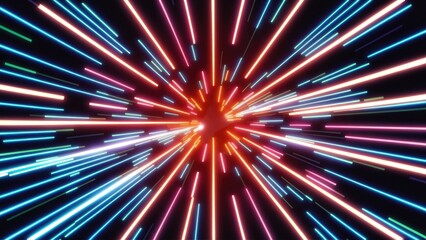 Poster - Vibrant Neon Glowing Lines Background with High-Speed Light Trails and Electric Effects. Futuristic Dynamic Motion Technology Design.