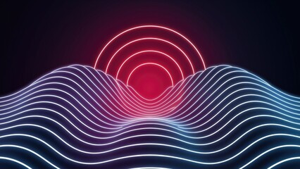 Poster -  Vibrant Neon Wave Line Background Illustration.