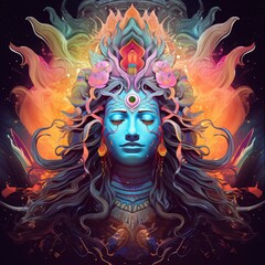 Wall Mural - A vibrant, mystical depiction of a deity with elaborate headdress and colorful energy.