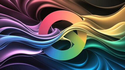 Poster - Vibrant abstract symbol representing diversity, with flowing rainbow waves set against a colorful digital gradient background. Ideal for technology themes and fluid dynamics inspired designs.