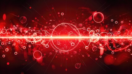 Poster - Vibrant abstract red glowing backdrop featuring dynamic floating dots, circular bokeh elements, energy particles, and radiant light rays.